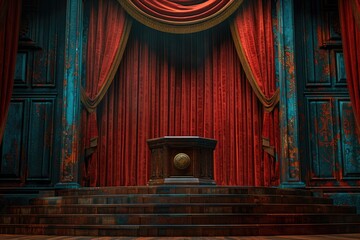 A podium with a red background