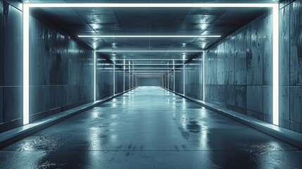 Entrance to modern concrete garage, parking or warehouse with black walls and led light, futuristic...