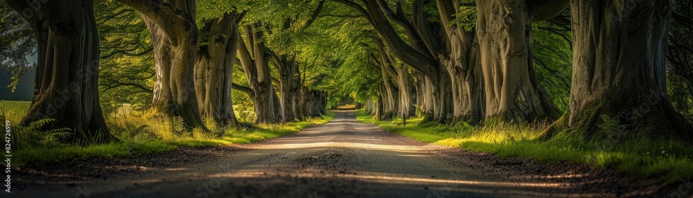 Aufkleber Dramatic tree-lined path with sunlight filtering through, creating a scenic and enchanting natural tunnel under the canopy of lush greenery.