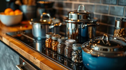 Kitchen Counter With Pots and Pans