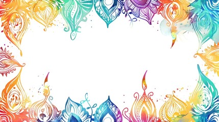 Vibrant Diwali Doodle Mandala and Peacock Watercolor Border Design with Blank Center for Copy