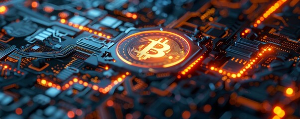 Close-up of a glowing Bitcoin symbol integrated into an illuminated, high-tech circuit board, representing cryptocurrency and digital finance.