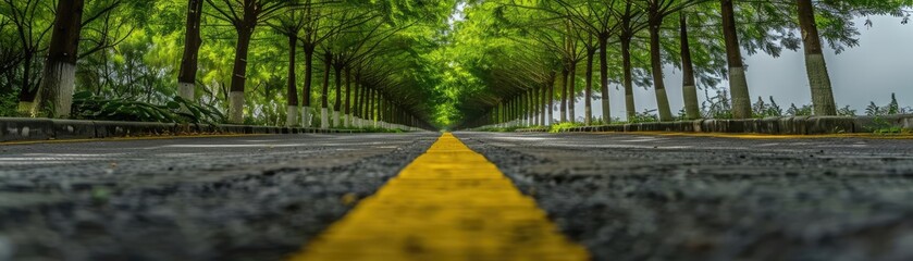 Obraz premium Low-angle view of a road with a yellow dividing line flanked by trees, creating a canopy of green foliage overhead.