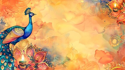Vibrant Diwali Mandala and Peacock Feather Watercolor Doodle Background with Blank Space