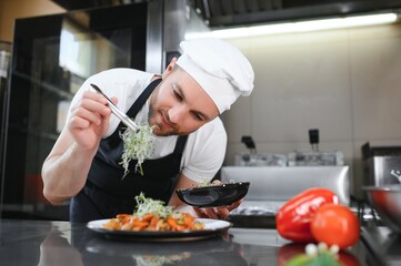 Portrait of happy caucasian male chef standing in restaurant kitchen, copy space