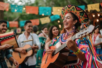 a mexican woman playing guitar in a mexican wedding