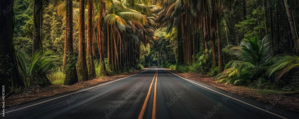 Poster scenic forest road with tall trees and lush greenery on each side, providing a serene and tranquil d