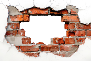hole in red brick wall isolated on white or transparent png