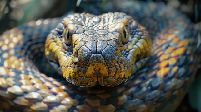 A close-up of a reticulated python, one of the largest snakes in the world, with a beautiful pattern of yellow and black scales.