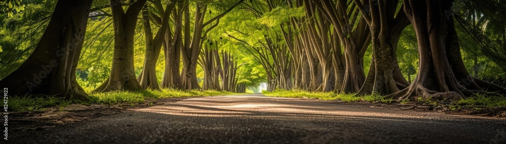 Aufkleber a serene path through an avenue of tall trees, sunlight filtering through the lush green foliage, cr