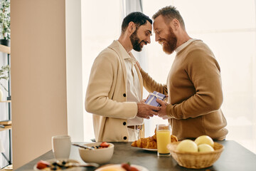 Two bearded men stand in a kitchen, sharing a moment of bliss and connection in their modern...