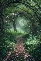 Enchanting Forest Pathway with Overarching Trees and Sunlight Filtering Through the Leaves, Creating a Serene and Picturesque Walkway