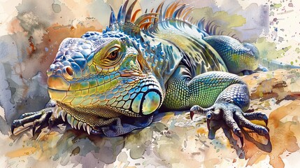 A watercolor painting of a green iguana, the iguana is resting on a rock, looking at the viewer with its big, yellow eyes.