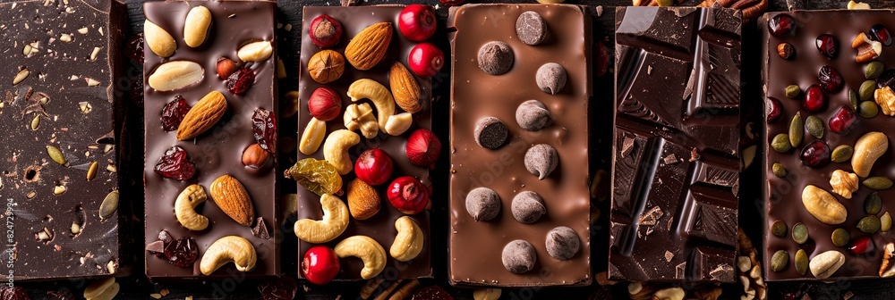 Aufkleber Several chocolate bars topped with an assortment of nuts and dried fruits, creating a rich and appetizing display. Generative AI