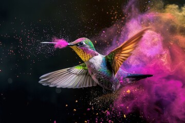 Obraz premium Vivid Hummingbird in Flight Amidst Colorful Powder Bursts, Highlighting the Intricate Details and Dynamic Motion of Nature's Most Agile Bird
