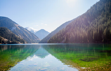 a serene alpine lake with crystal-clear waters reflecting the sky, bordered by dense coniferous...