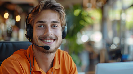 A happy white male support person on a headset wearing an orange shirt. Generative AI.