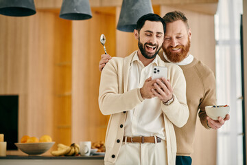 Two men happily smiling while holding a cell phone in a modern apartment setting.