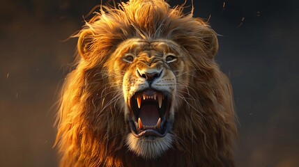 Fototapeta premium A lion roars in the middle of a dark forest. The lion's mane is blowing in the wind and its teeth are bared. The background is dark and out of focus.