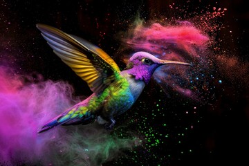 Exquisite Hummingbird in Mid-Air Surrounded by Bursts of Colorful Powder, Showcasing a Spectacular Display of Nature's Vibrant and Dynamic Beauty
