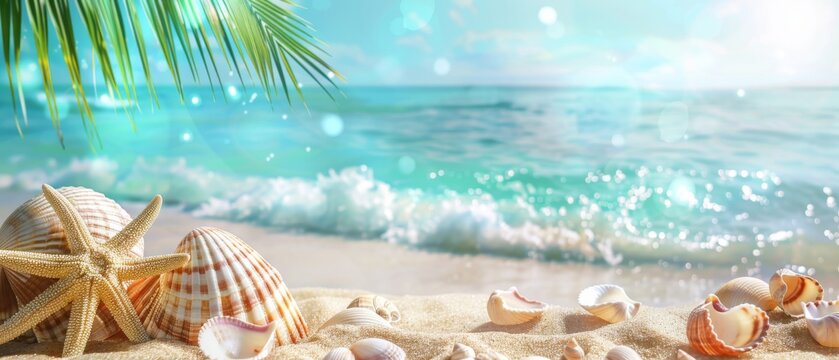 Vacation summer holiday travel tropical ocean sea panorama landscape - Close up of many seashells, sea shell on the sandy beach and palm tree leaves, with ocean in the background.