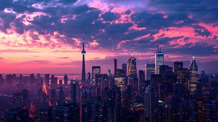 A beautiful cityscape of Toronto, Canada. The setting sun casts a pink and purple glow over the city.
