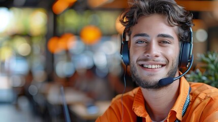 A happy white male support person on a headset wearing an orange shirt. Generative AI.
