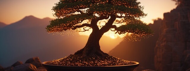 Magical tree with luminous roots and floating lights in a fairy-tale forest setting. The shining tree of life. Beautiful Japanese bonsai tree. - Powered by Adobe