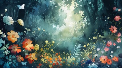Obraz premium A beautiful watercolor painting of a forest with a variety of flowers in the foreground