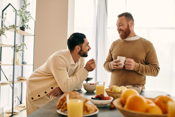 Two men engaged in conversation while seated at a table in a modern setting, sharing quality time together.