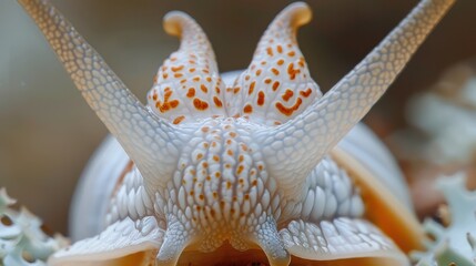 A white snail with three heads and four arms, with a symmetrical pattern of orange spots on his body,