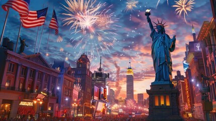 Illustration of the Statue of Liberty with an American flag and fireworks in the background. a symbol of America
