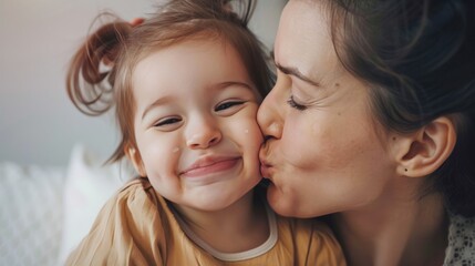 Close up of beautiful mother giving kiss to happy little daughter on cheek at white home