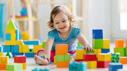 Happy Child playing with colorful toy blocks, white room