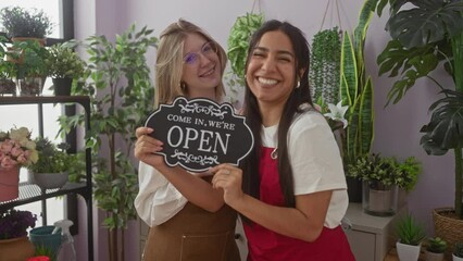 Two women holding an open sign with joyful expressions in a flower shop filled with various plants.