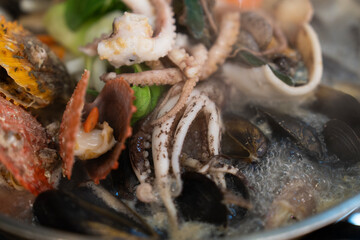 View of the seafood stew in the pot