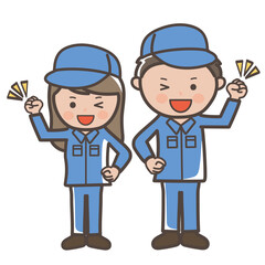 ガッツポーズでウインクする男女作業員（清掃員）の全身イラスト