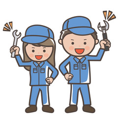 やる気満々で工具を持つ男女作業員（清掃員）の全身イラスト