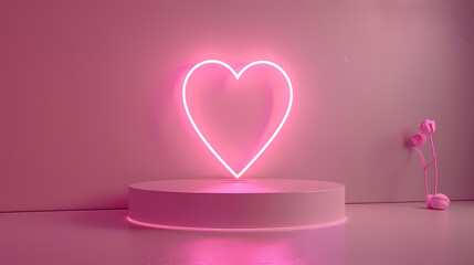 3D heart shaped neon light on pink podium