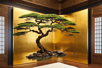 Interior of modern living room with beige sofa, large floor to ceiling windows and Traditional Japanese golden decoration painting frames.