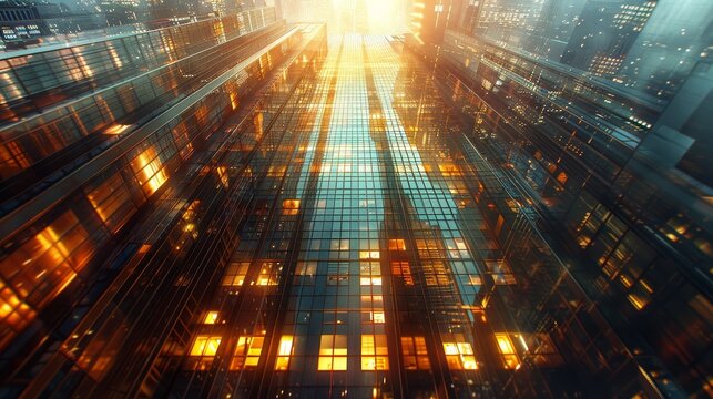 The image shows a futuristic city with tall buildings made of glass and metal. The city is bathed in sunlight, and there are no people visible.