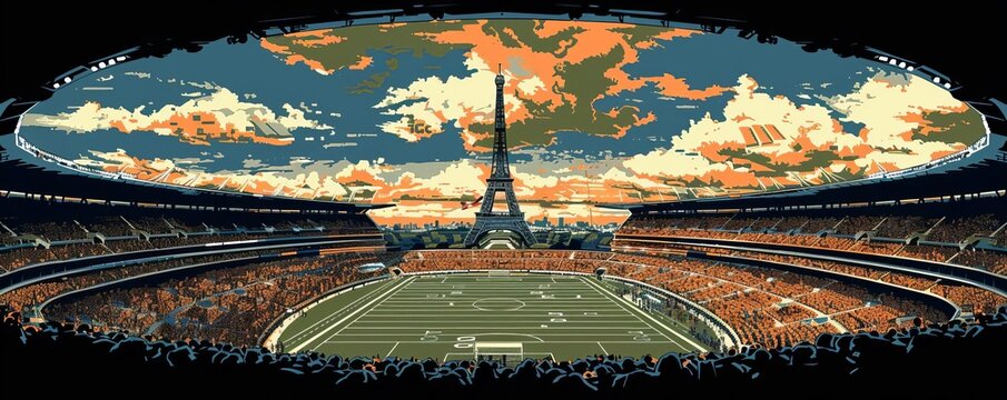 Wide angle view, Paris Olympics sports view, minimalistic vector illustration in warm colors ,The images are of high quality and clarity