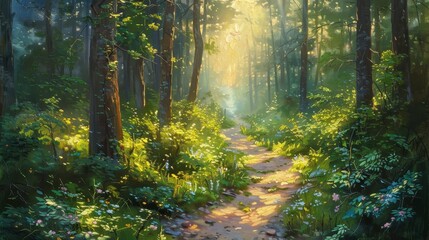 The photo shows a beautiful forest with a path leading through it