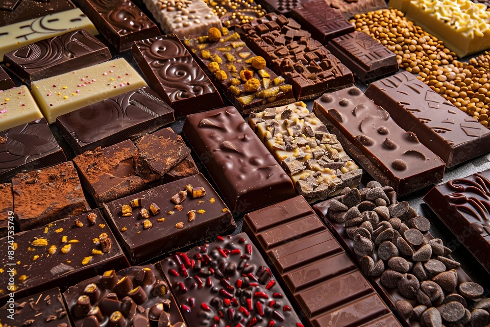 Poster A variety of chocolate bars in different flavors and types neatly arranged on a table. Generative AI