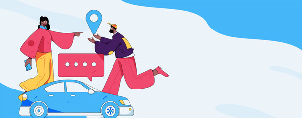 Flat vector concept operation hand drawn illustration of people taking a taxi
