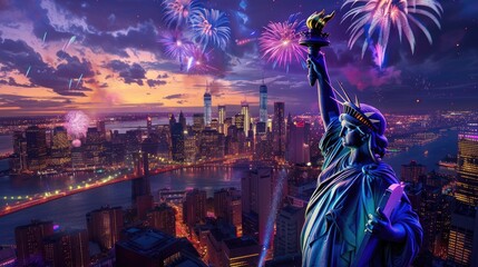 Illustration of the Statue of Liberty with an American flag and fireworks in the background. a symbol of America