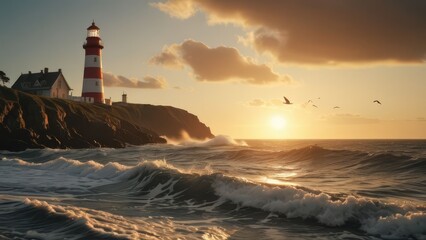 A breathtaking coastal scene at sunset, featuring a picturesque lighthouse on a cliff by the sea with waves crashing and birds flying.