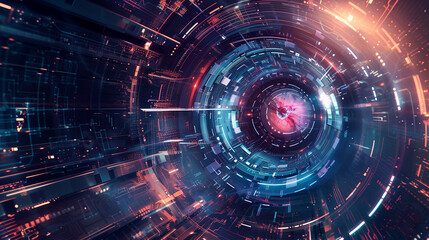 Obraz premium A computer generated image of a glowing red circle with a blue background. The image has a futuristic and technological feel to it