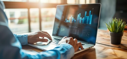 A businessman is using a laptop computer and working on a digital virtual screen hologram