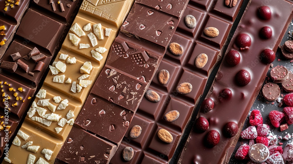 Aufkleber An array of chocolate bars and nuts displayed on a table, showcasing a variety of flavors and textures. Generative AI